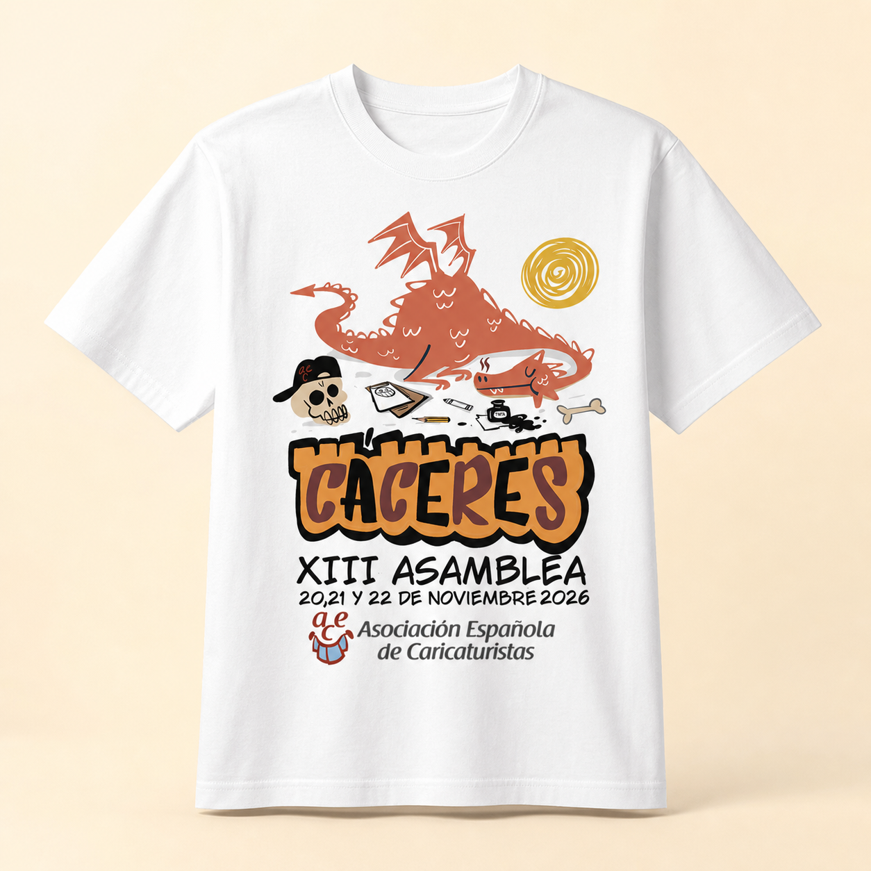 Mockup de la camiseta blanca oficial de la XIII Asamblea AEC en Cáceres